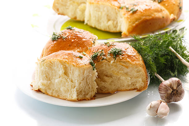 garlic buns baked buns with dill and garlic on white background biscuit quick bread stock pictures, royalty-free photos & images