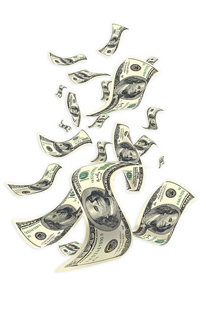 100 dollar bills, flying in clear sky