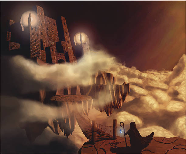 Dark château dans les nuages.  Conte de fées.  Paysage de fantaisie.  illustration vectorielle - Illustration vectorielle