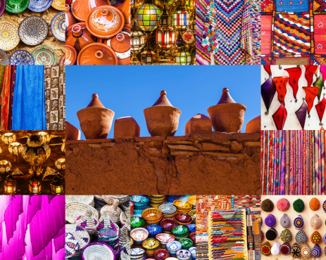 collage of traditional Moroccan goods from bazaars in Marrakesh and surrounding