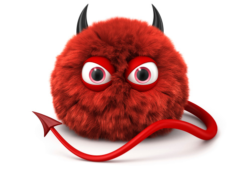 Mascota rojo devil con extremo y haya hecho de tripas corazón aislado en blanco photo