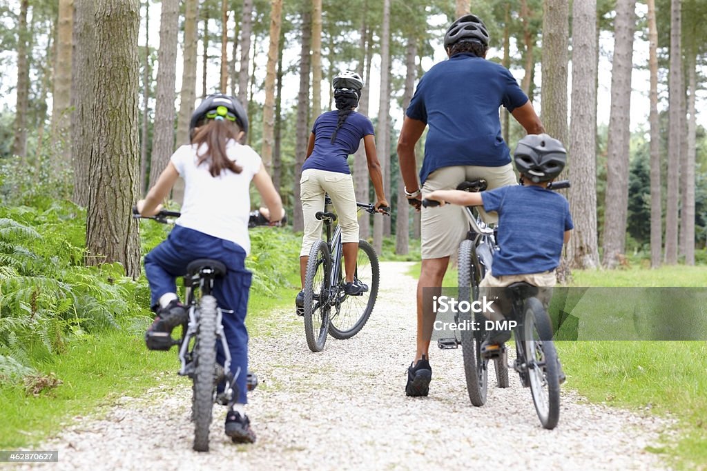 Family of four riding bicycle Rear view of family of four riding bicycle in the countryside Autumn Stock Photo