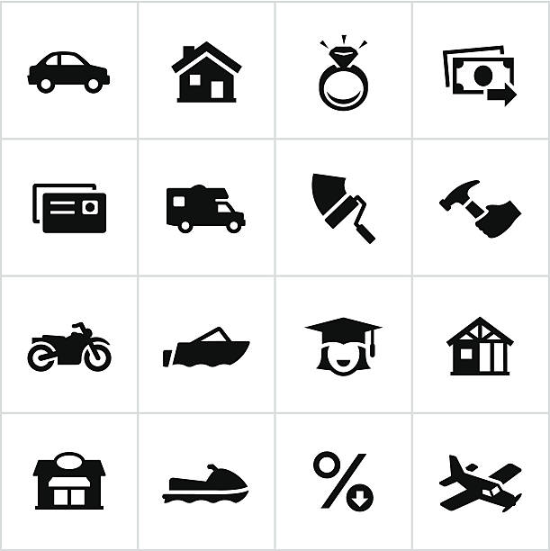 ilustrações, clipart, desenhos animados e ícones de preto tipos de empréstimos ícones - car loan finance symbol