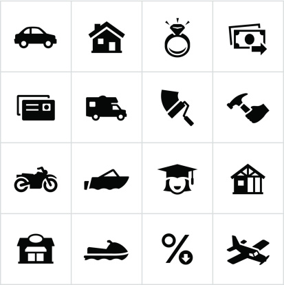 Different types of reasons loans are commonly issued. All white strokes/shapes are cut from the icons and merged allowing the background to show through.