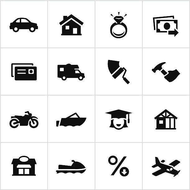 Black Types of Loans Icons Different types of reasons loans are commonly issued. All white strokes/shapes are cut from the icons and merged allowing the background to show through. borrowing stock illustrations