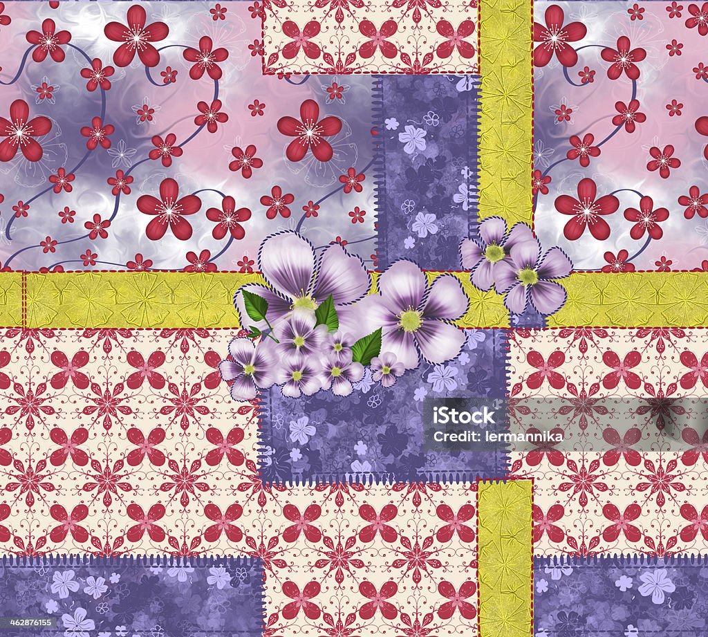 Patchwork and flower applique Floral patchwork fabric and flower applique. Seamless pattern. Horizontal Stock Photo
