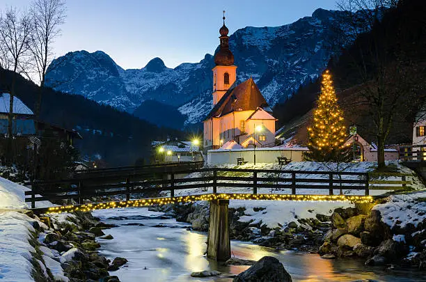 Parish church St. Sebastian at Ramsau near Berchtesgaden at Christmas.