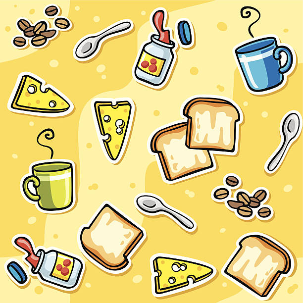 background with cartoon toasts, cheese, jam - seamless vector art illustration