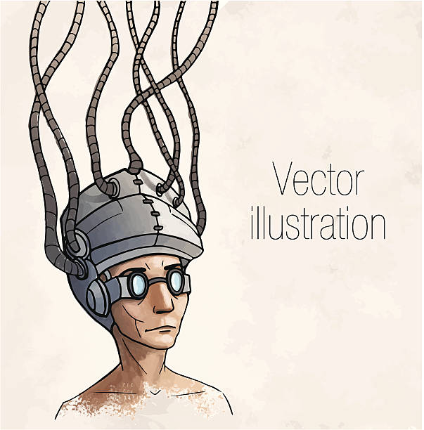 Homme portant un casque de contrôle du cerveau.  Digital drogue.  illustration vectorielle - Illustration vectorielle