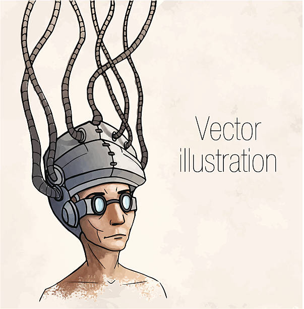 Homem vestindo um capacete cérebro-controle.  Digital toxicodependência.  Vetor ilustração - ilustração de arte em vetor