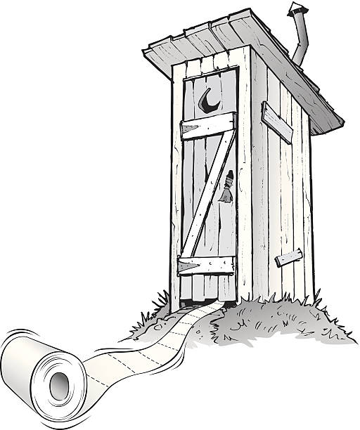 Cartoon outhouse with toilet paper rolling out of it Outhouse Outhouse stock illustrations