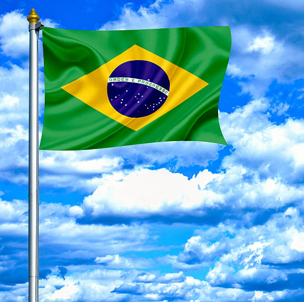 istock Brazil waving flag against blue sky 462911143