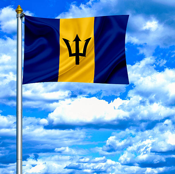 istock Barbados waving flag against blue sky 462911145