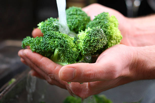 Man's Hands Washing Broccoli Vegetables in Kitchen Sink stock photo