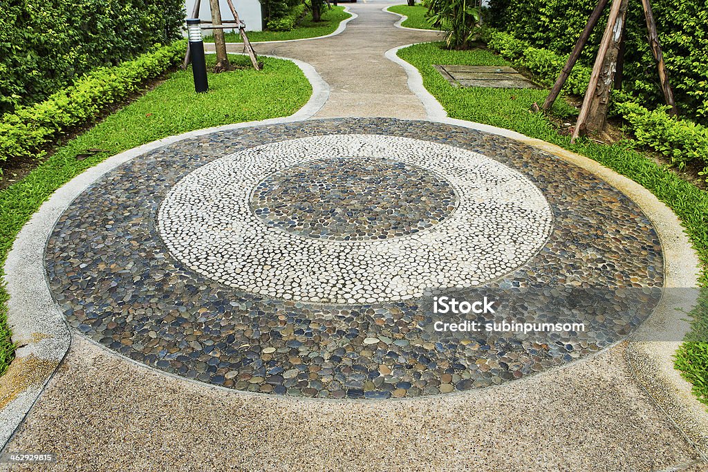 Stone walkway in the park with green grass Backgrounds Stock Photo