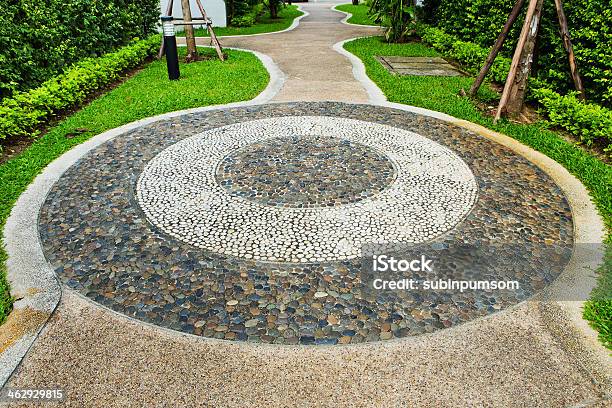 Stone Walkway In The Park With Green Grass Stock Photo - Download Image Now - Backgrounds, Brick, Concrete