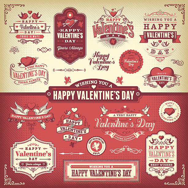 день святого валентина этикетки набор - heart shape wing red vector stock illustrations