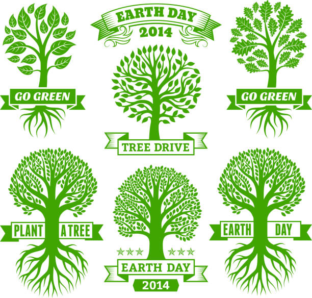 illustrations, cliparts, dessins animés et icônes de journée de la terre, illustration libre de droits de green tree bannières & badges - root tip
