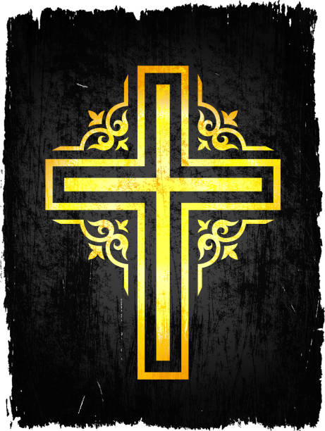 illustrazioni stock, clip art, cartoni animati e icone di tendenza di golden christian cross su sfondo nero vettoriali royalty-free - christianity cross shape dirty grunge