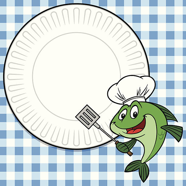 stockillustraties, clipart, cartoons en iconen met fish cookout invitation - gebakken in de pan