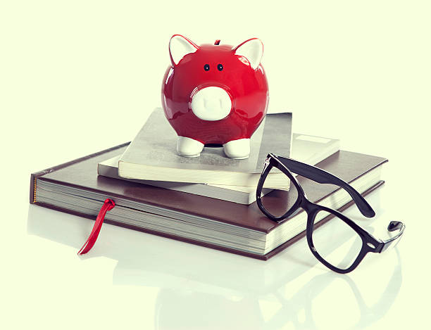 Red Piggy Bank with books stock photo