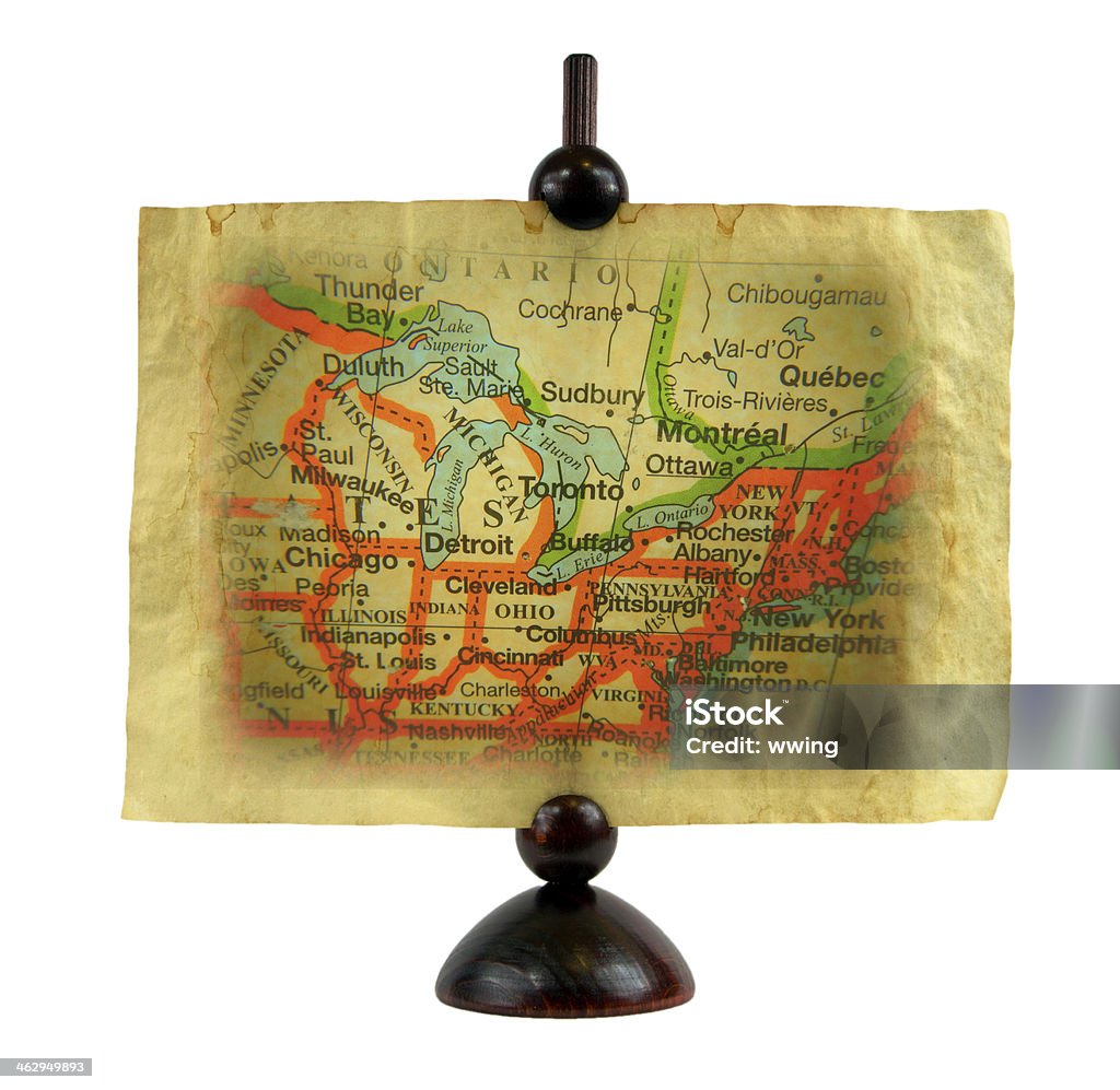 Old Eastern USA and Canada  Map A map of the Eastern United States and Canada on a piece of parchment paper. Original map by map art. Clipping path Clipping Path Stock Photo