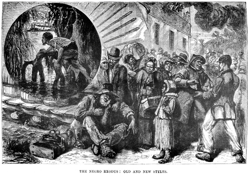 Vintage engraving of The Negro Exodus, old and new styles, Richmond, Virginia, USA. 1882