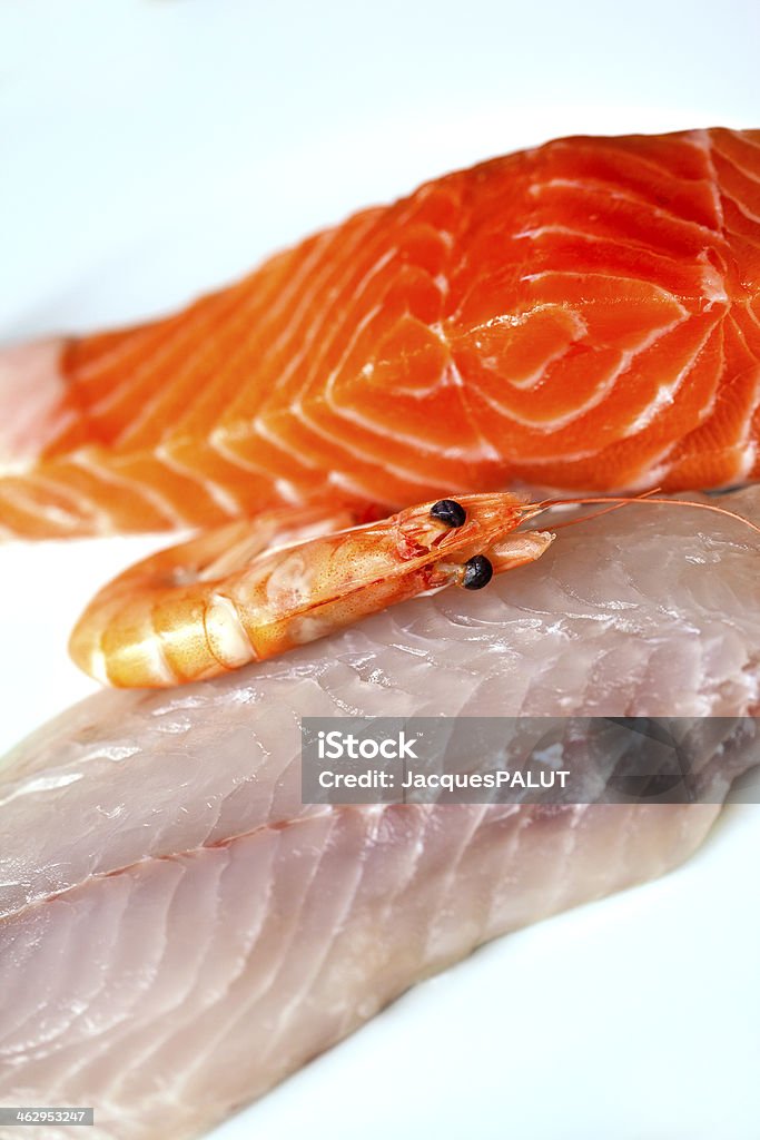 Fish and shrimp Fillets of raw fish and shrimp on a plate Asian Culture Stock Photo