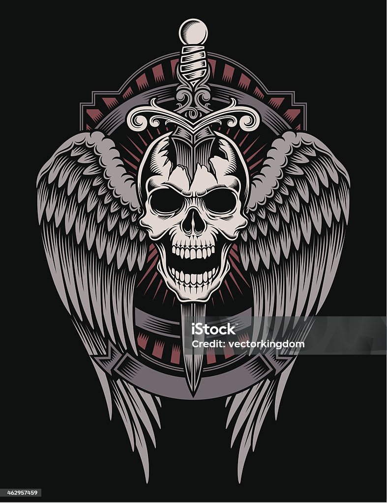 Winged Skull With Sword Stuck fully editable vector illustration of winged skull with sword stuck on isolated black background, image suitable for crest, emblem, insignia, t-shirt design or tattoo Dagger stock vector