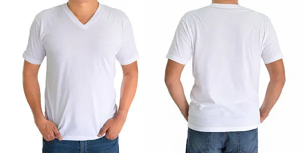 close up of man in blank V-neck short sleeve white t-shirt