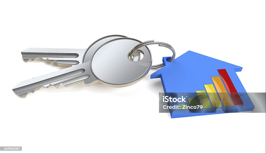 House keys Keys attached to a keychain in the shape of a house with energy bars Accessibility Stock Photo