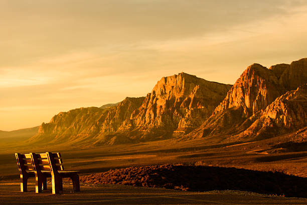 A bench at a scenic view of a mountain.  Red Rock Canyon National Conservation Area, Nevada.