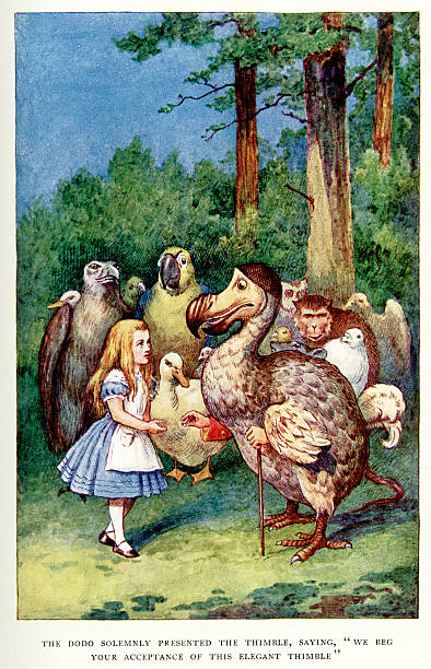 Alice in Wonderland Vintage colour lithograph of Alice and the Dodo, from Alice's Adventures in Wonderland by Lewis Carroll, John Tenniel. john tenniel stock illustrations