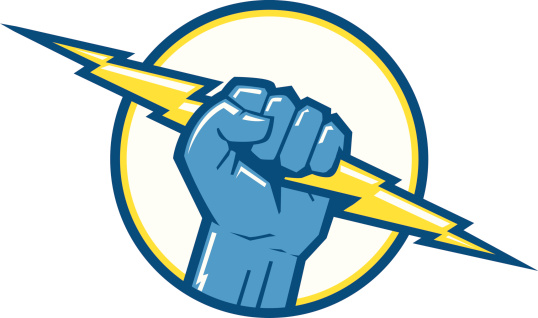 blue and yellow fist holding lighting graphic