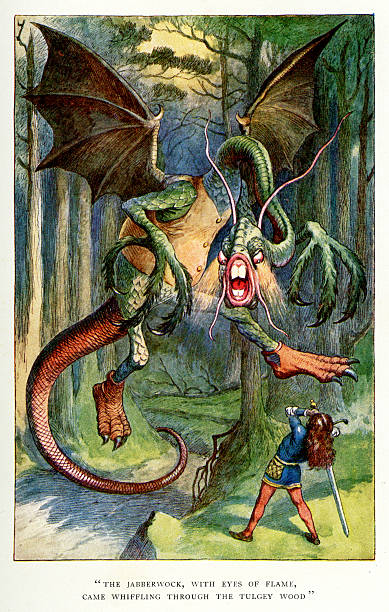 The Jabberwock Vintage colour lithograph of The Jabberwock, from Through the Looking-Glass, and What Alice Found There by Lewis Carroll, John Tenniel.  Alice finds a book written in a seemingly unintelligible language. Realising that she is travelling through an inverted world, she recognises that the verse on the pages are written in mirror-writing. She holds a mirror to one of the poems, and reads the reflected verse of "Jabberwocky". john tenniel stock illustrations