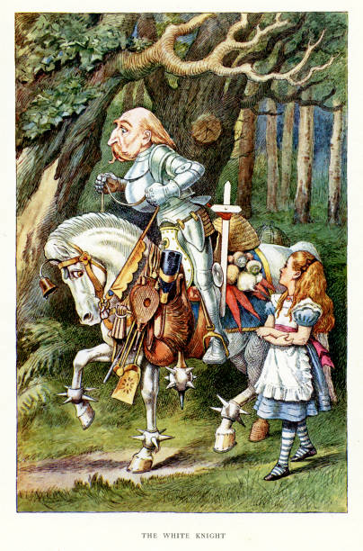 Alice and the White Knight Vintage colour lithograph of Alice and the White Knight, from Through the Looking-Glass, and What Alice Found There by Lewis Carroll, John Tenniel. john tenniel stock illustrations