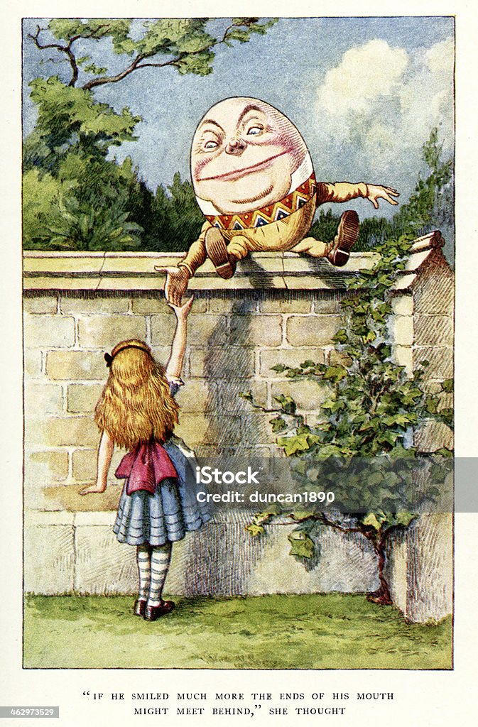 Alice and Humpty Dumpty Vintage colour lithograph of Alice and Humpty Dumpty, from Through the Looking-Glass, and What Alice Found There by Lewis Carroll, John Tenniel. Alice in Wonderland - Fictional Character stock illustration