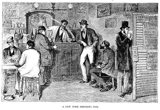 New York Bar Vintage engraving of a New York drinking bar,  New York, USA. 1882 bartender illustrations stock illustrations