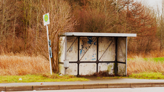 bus stop at country road in winter in Northern Germany (Schleswig-Holstein, B404 to Kiel)
