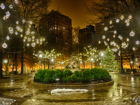 An early morning shot of Rittenhouse Square in Philadelphia decorated for Christmas