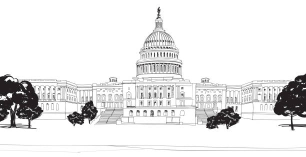 Washington DC Capitol with garden landscape, USA. Capitol Building Hand Drawn Vector Illustration. United States. Washington, USA. senate stock illustrations