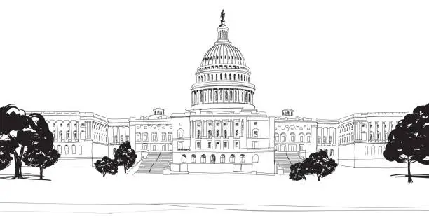 Vector illustration of Washington DC Capitol with garden landscape, USA.