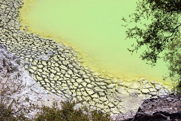 яркие зеленые воды, интересные скалы, геотермальная бассейн с горячими источниками - geophysical стоковые фото и изображения