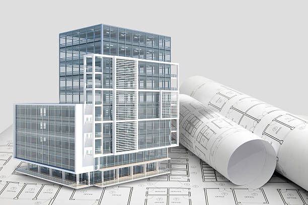 Construction architecture blueprint with office building exterior and 3D model Architectural project blueprints of an office building with details and wireframe drawings rolled up on a  table, and a 3D model of a skyscraper building emerging from the drawings. architectural model photos stock pictures, royalty-free photos & images