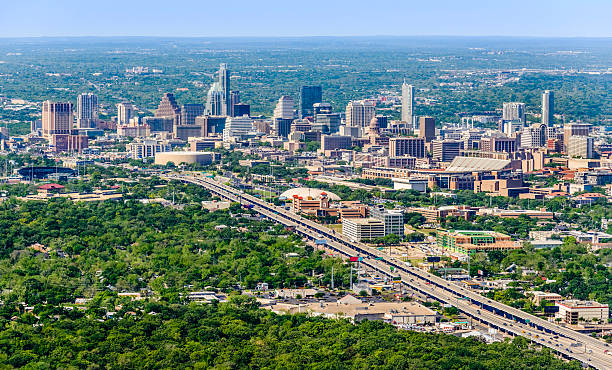 istock Austin Texas skyline cityscape panoramic aerial view from north I-35 463027077