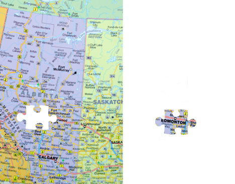 A map of Alberta, Canada, with Edmonton  taken from it in the shape of a puzzle piece. Clipping path.
