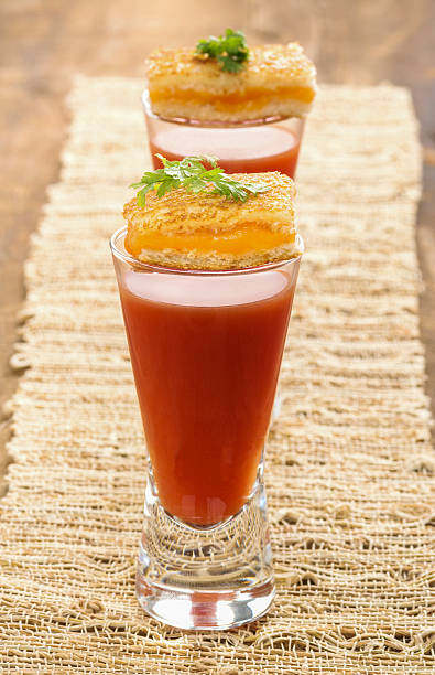 Tomato Soup Shooter with Grilled Cheese Appetizers stock photo