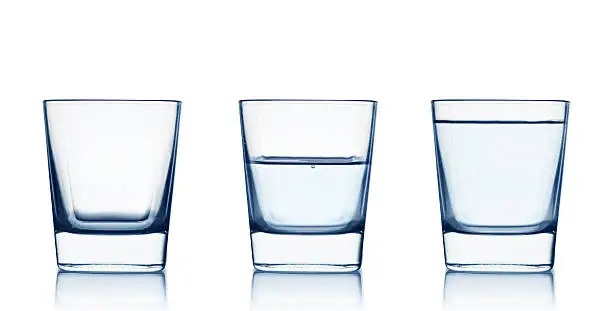 Empty,half and full water glasses . Isolated on white background