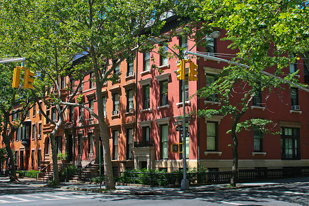 rowhouses di new york e brooklyn heights. - brooklyn row house townhouse house foto e immagini stock