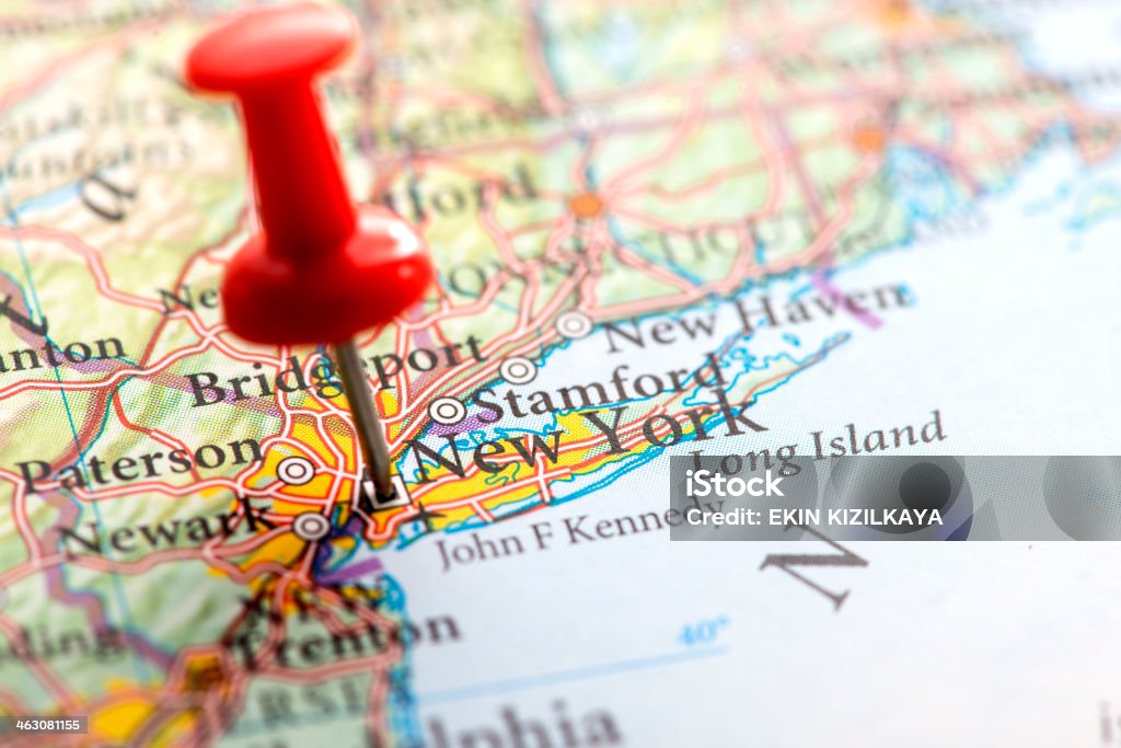 New york marcado no mapa com Vermelha Pushpin - Foto de stock de Mapa royalty-free